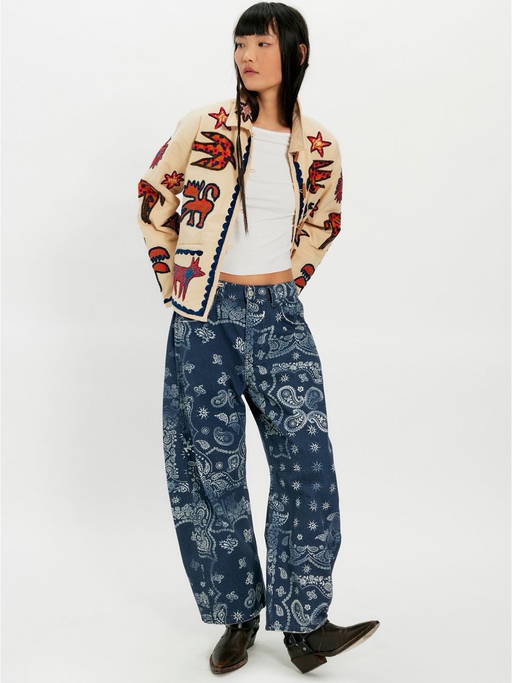 NEW Free People Good Luck Barrel Jeans in Navy Bandana Size 26 MSRP $128 Western